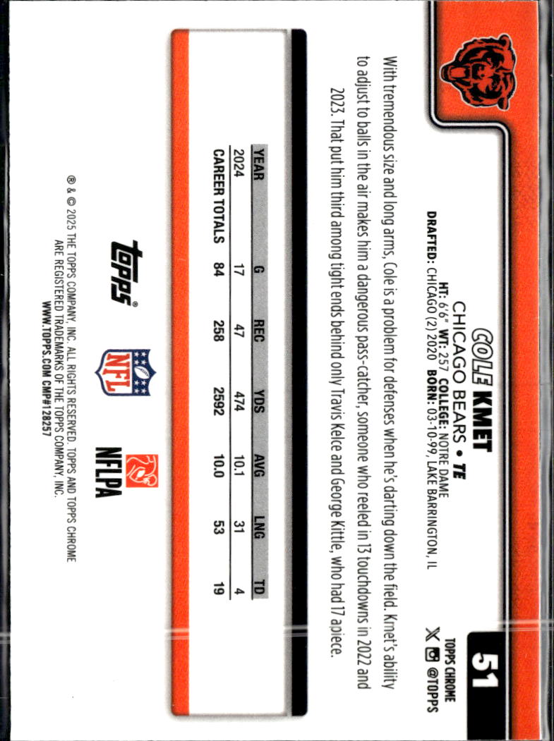 Cole Kmet 2025 Topps Chrome Aqua Wave /199 Chicago Bears