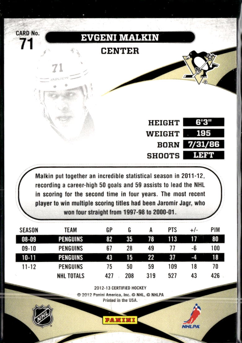 Evgeni Malkin 2012-13 Certified Blue 88/99 Pittsburgh Penguins