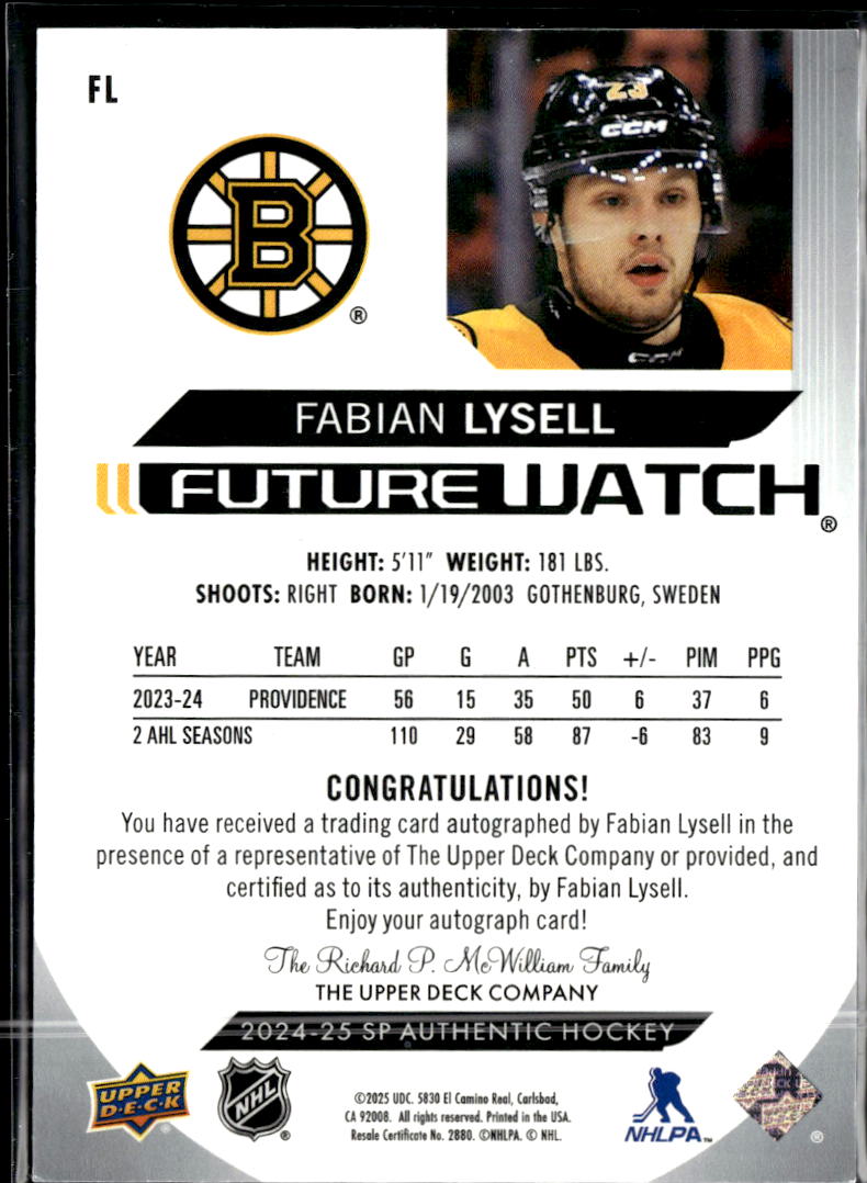 Fabian Lysell 2024 SP Authentic Auto Autograph /999 Boston Bruins