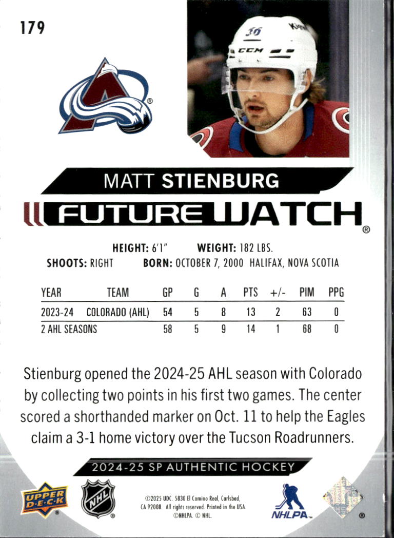 Matt Stienburg 2025 Upper Deck SP Authentic Future Watch /999 Colorado Avalanche