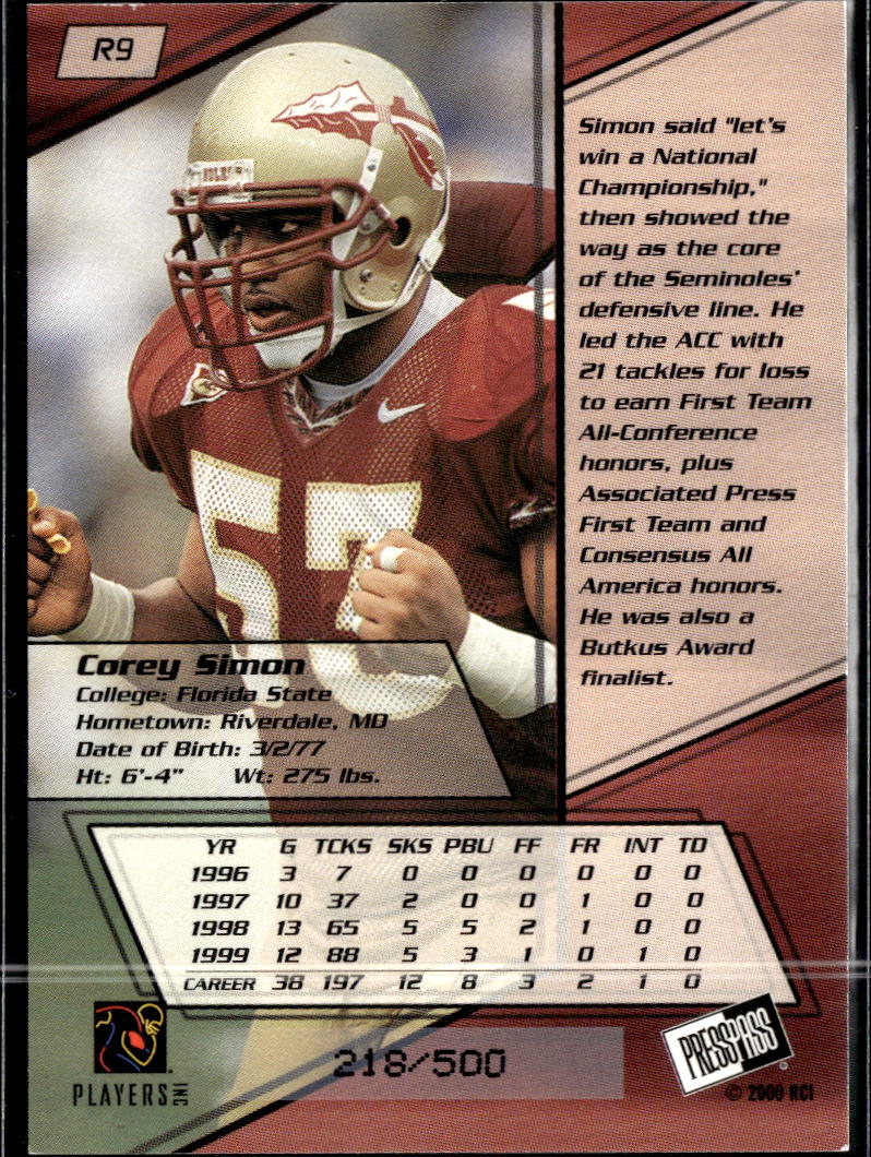 Corey Simon 2000 Press Pass /500 Florida State Seminoles