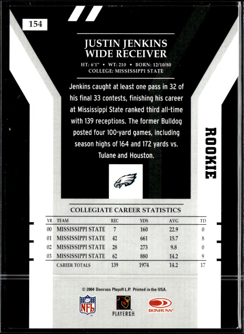 Justin Jenkins 2004 Donruss Elite Rookie /500 Philadelphia Eagles