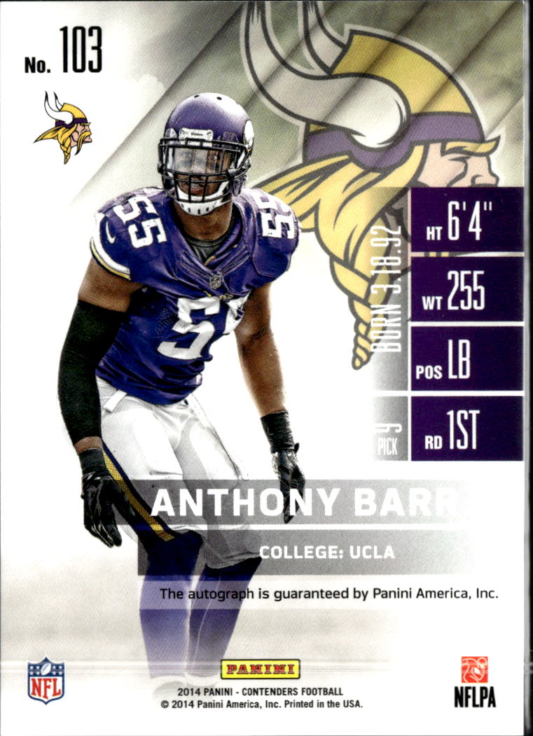 Anthony Barr 2014 Contenders Auto Autograph RC #103 Minnesota Vikings