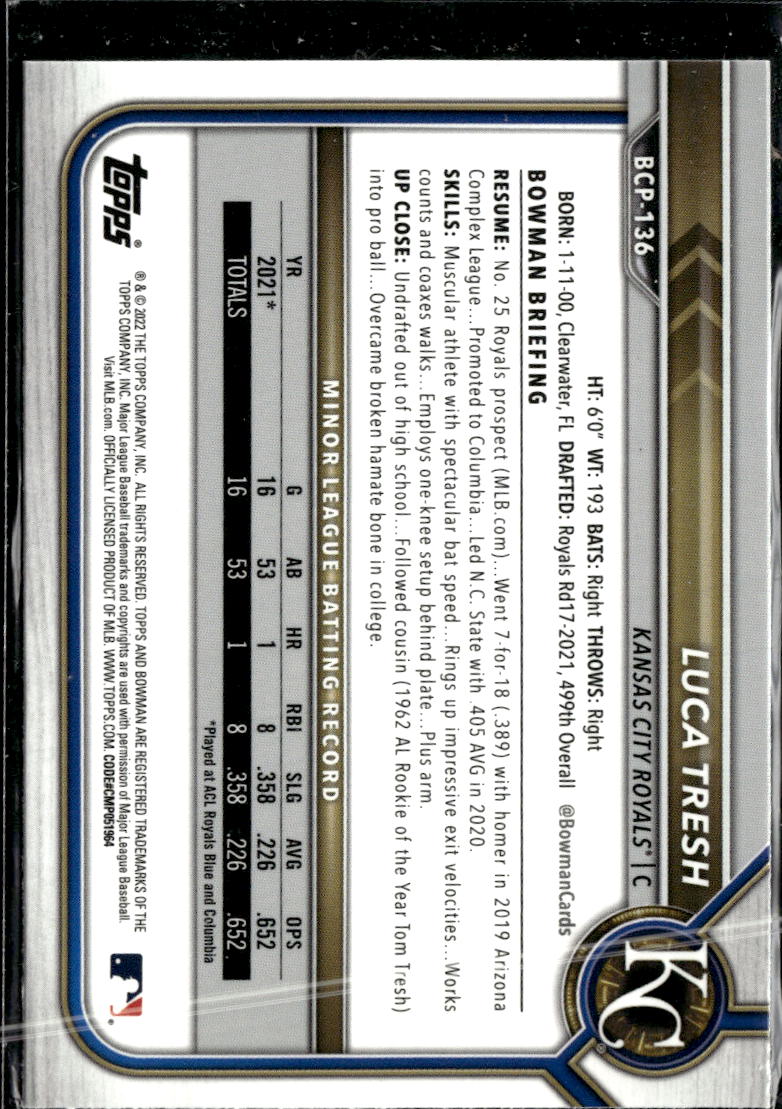 Luca Tresh 2022 Bowman Chrome Sapphire Edition Kansas City Royals