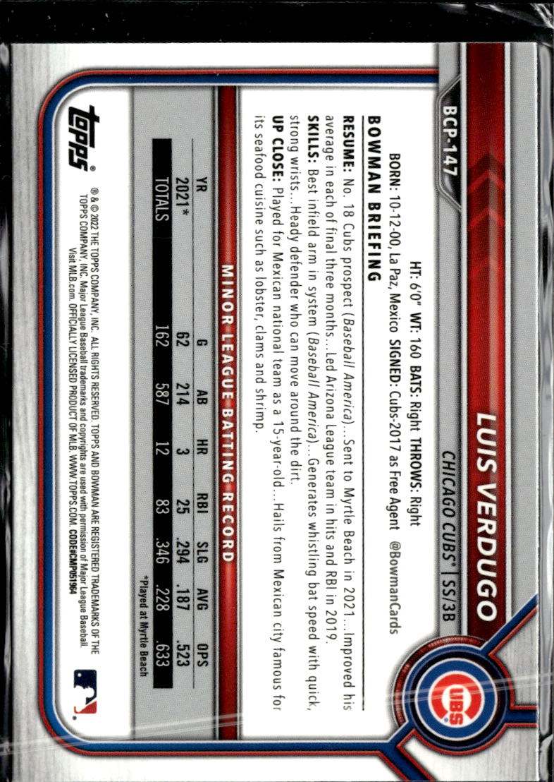 Luis Verdugo 2022 Bowman Chrome Sapphire Chicago Cubs