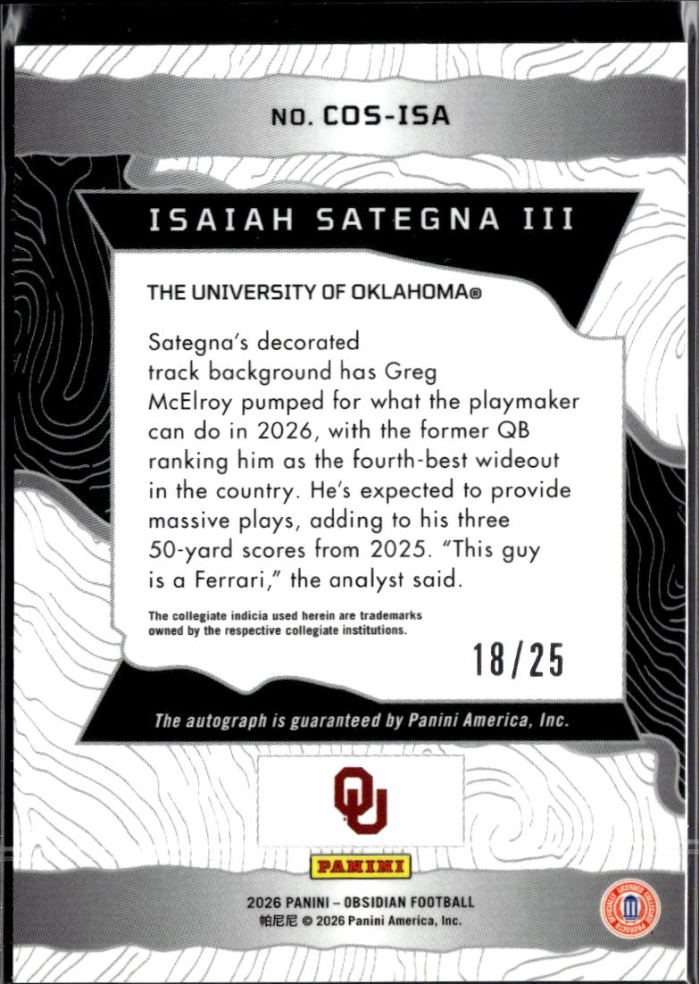 Isaiah Sategna III 2026 Obsidian Auto Autograph RC 18/25 Oklahoma Sooners