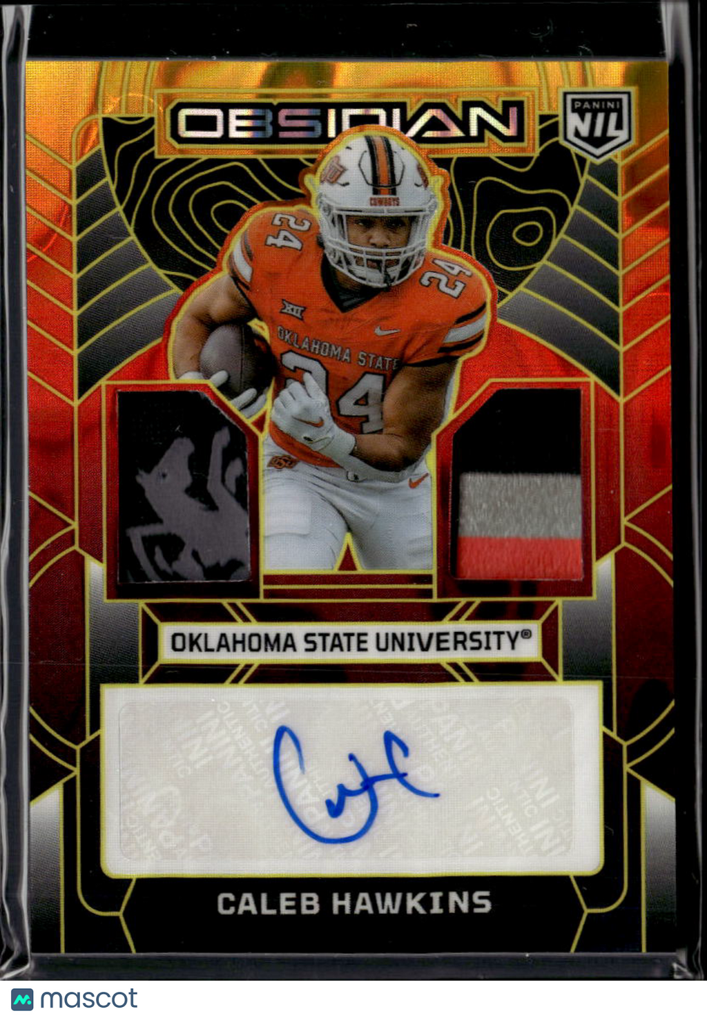 Caleb Hawkins 2026 Obsidian Auto Autograph LOGO Patch RC 5/7 Oklahoma State OSU