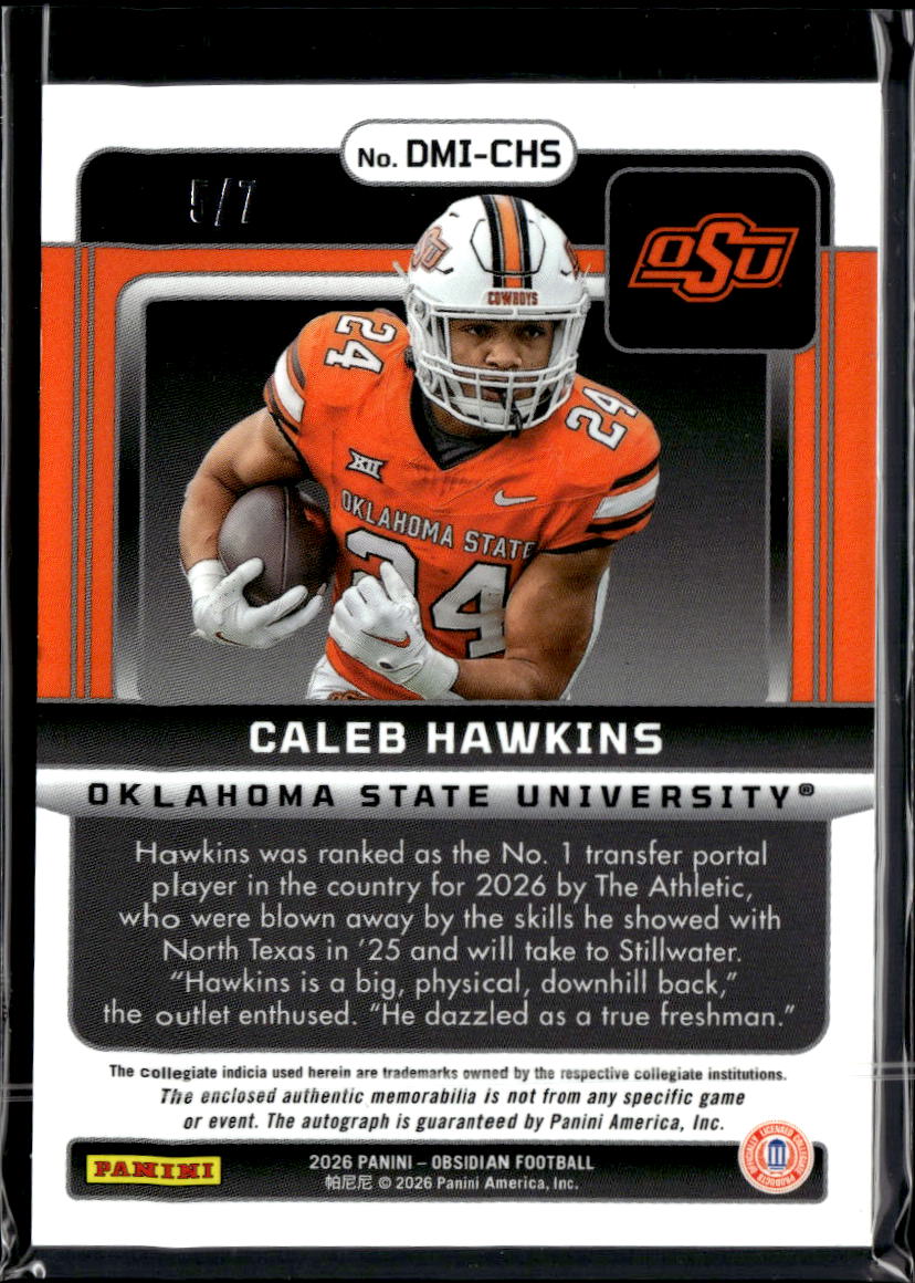 Caleb Hawkins 2026 Obsidian Auto Autograph LOGO Patch RC 5/7 Oklahoma State OSU