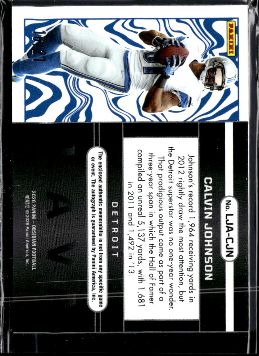 Calvin Johnson 2026 Obsidian Auto Autograph Patch 16/21 Detroit Lions