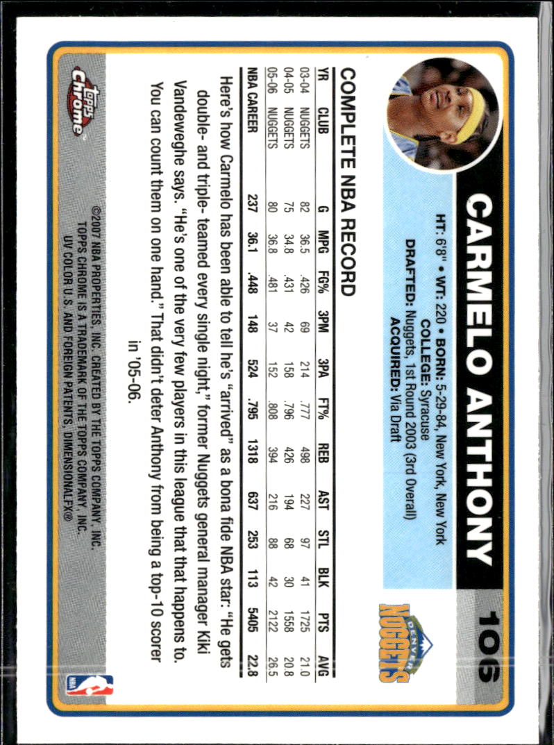 Carmelo Anthony 2006-07 Topps Chrome #106 Denver Nuggets