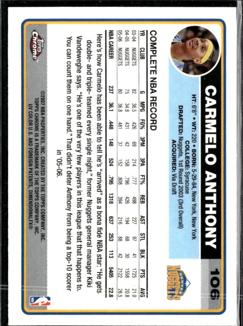 Carmelo Anthony 2006-07 Topps Chrome #106 Denver Nuggets