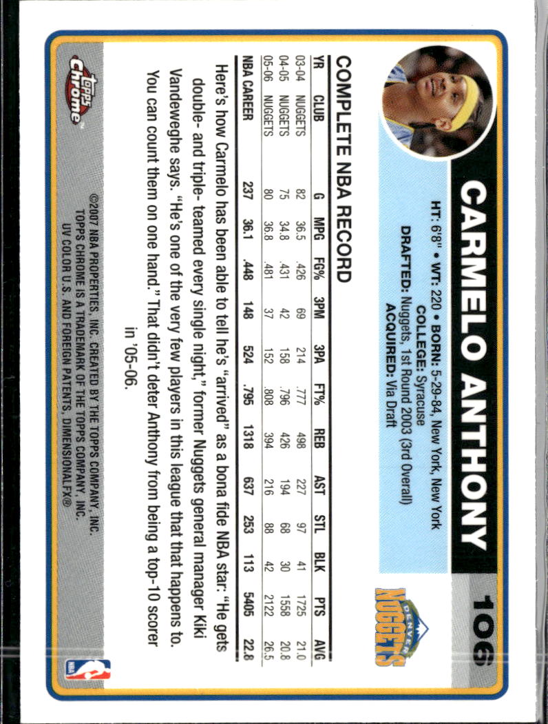 Carmelo Anthony 2006-07 Topps Chrome #106 Denver Nuggets