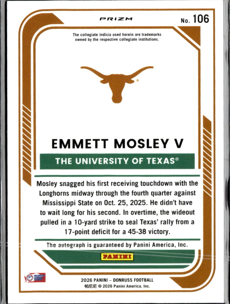 Emmett Mosley V 2026 Optic Rated Prospect Autograph Auto HOLO Texas Longhorns