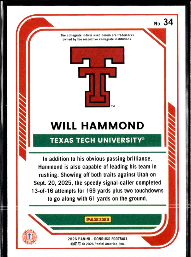 Will Hammond 2026 Donruss Rated Rookie HOLO Diamond SSP Texas Tech Red Raiders