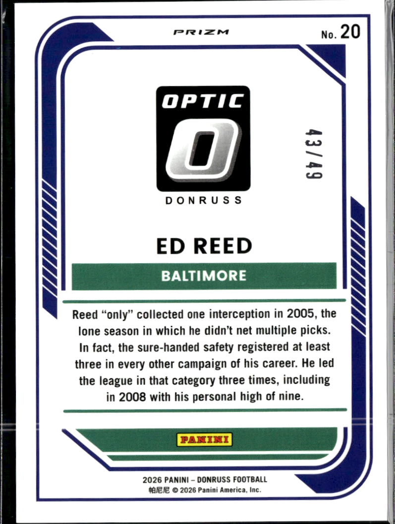 Ed Reed 2026 Optic Blue Prizm 43/49 Baltimore Ravens