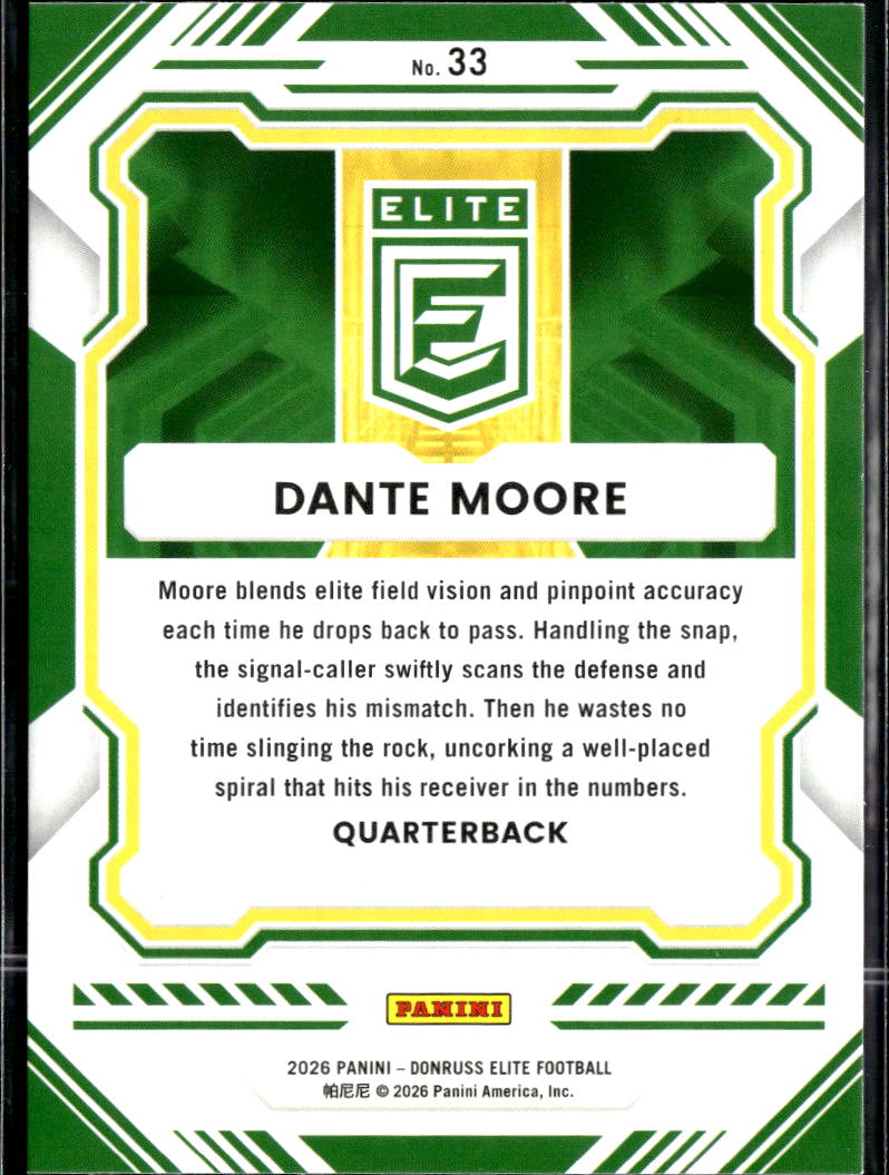 Dante Moore 2026 Panini Donruss Elite Rated Prospect Rookie RC Oregon Ducks