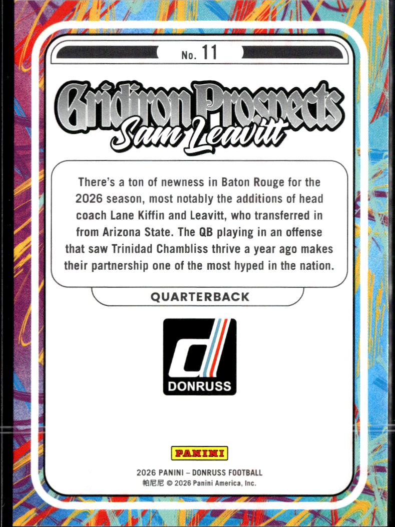 Sam Leavitt 2026 Donruss Gridiron Prospects Rookie RC LSU Tigers