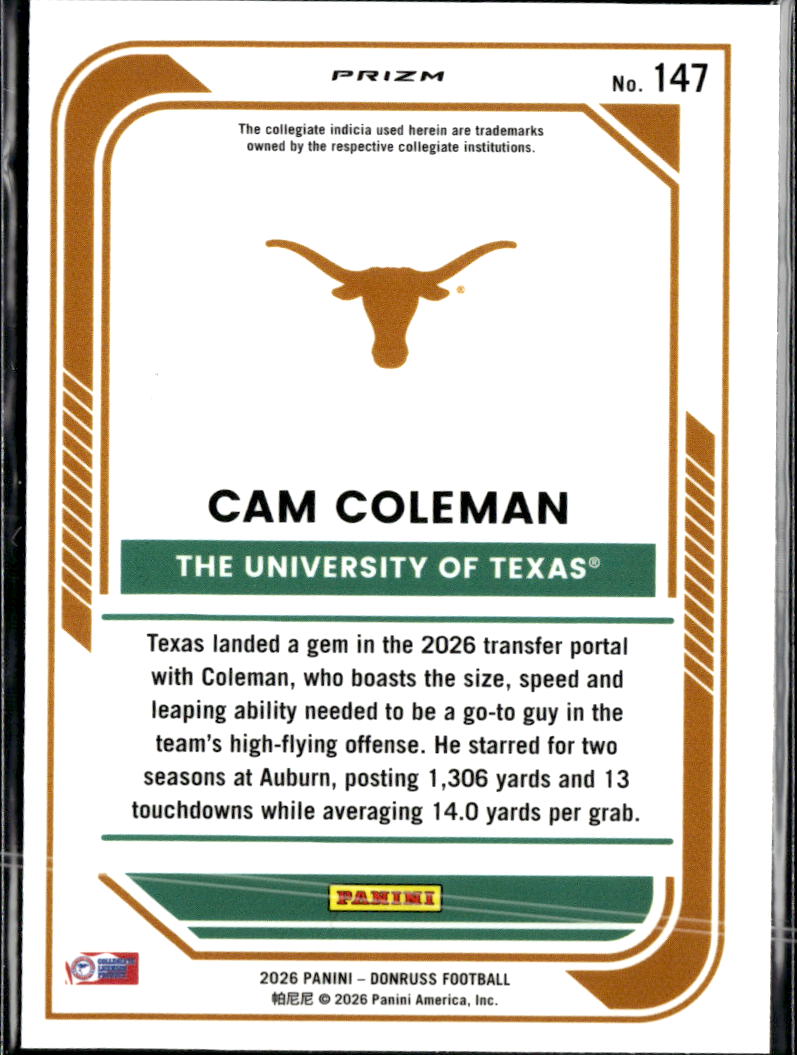 Cam Coleman 2026 Optic Rated Prospect Holo Prizm RC Texas Longhorns