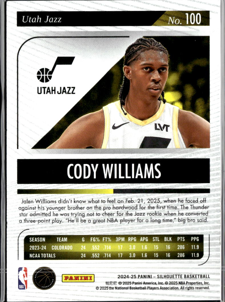 Cody Williams 2024-25 Silhouette RC Pink Rookie 1/35 Utah Jazz