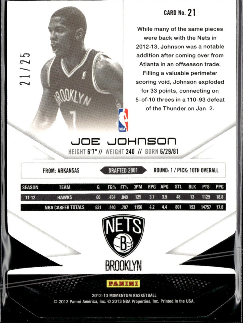 Joe Johnson 2012-13 Momentum Die-Cut 21/25 Brooklyn Nets