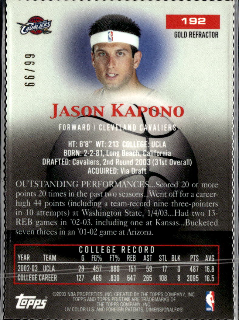 Jason Kapono 2003-04 Topps Pristine GOLD Refractor 66/99 Cleveland Cavaliers