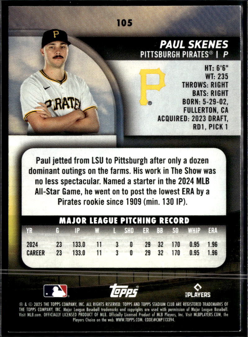 Paul Skenes 2025 Topps Stadium Club #105 Pittsburgh Pirates