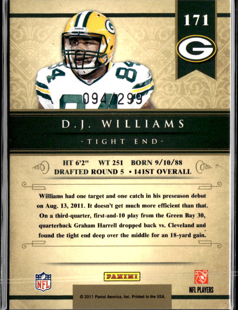 D.J. Williams 2011 Gold Standard Rookie RC 94/299 Green Bay Packers