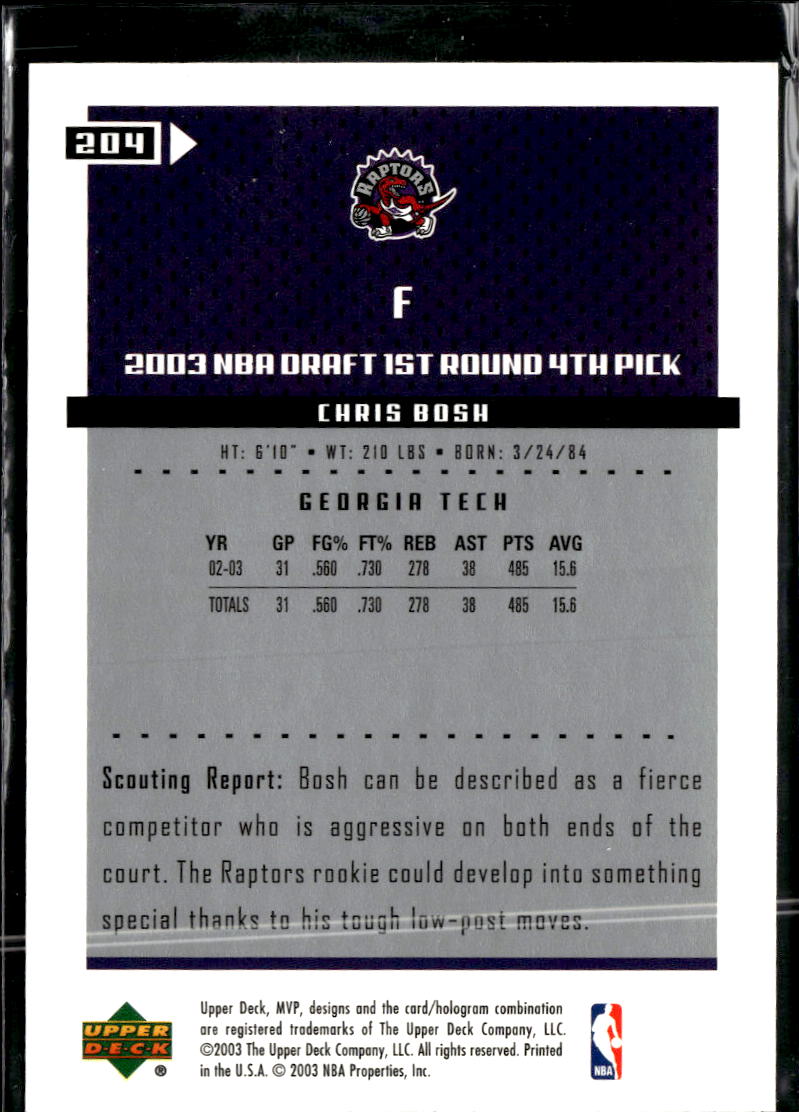 Chris Bosh 2003-04 Upper Deck MVP Rookie RC Toronto Raptors