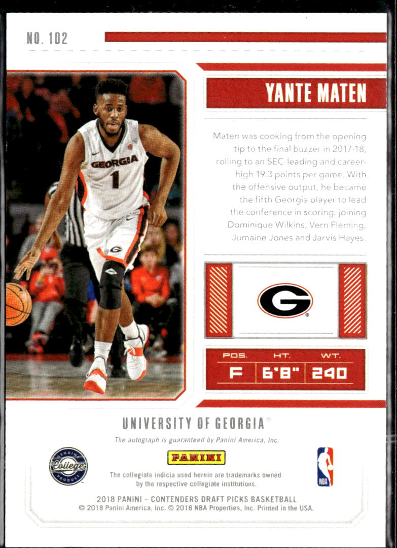 Yante Maten 2018 Contenders Draft Auto Autograph RC Georgia Bulldogs