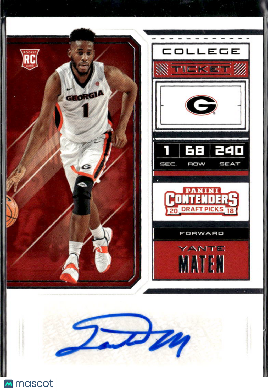 Yante Maten 2018 Contenders Draft Auto Autograph RC Georgia Bulldogs
