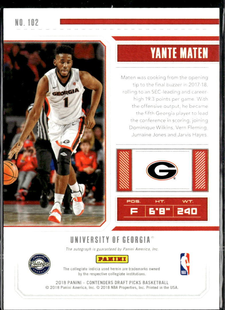 Yante Maten 2018 Contenders Draft Auto Autograph RC Georgia Bulldogs