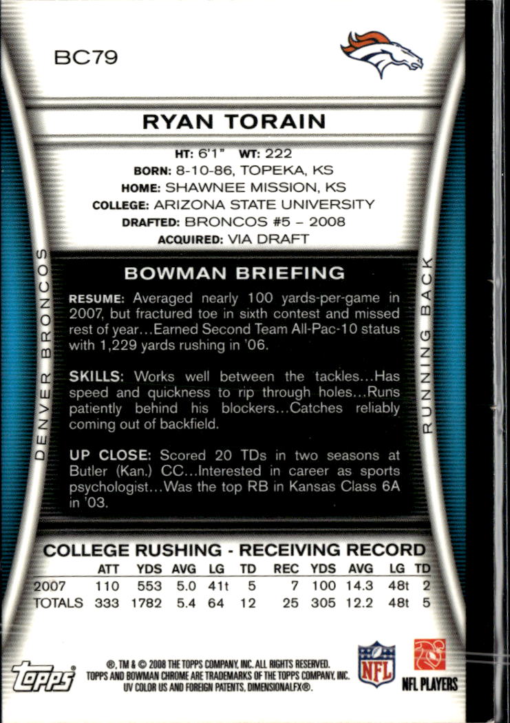 Ryan Torain 2008 Bowman Chrome RC Auto Autograph Denver Broncos