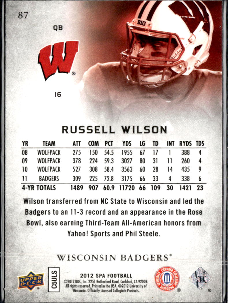 Russell Wilson 2012 SP Authentic Rookie RC Wisconsin Badgers