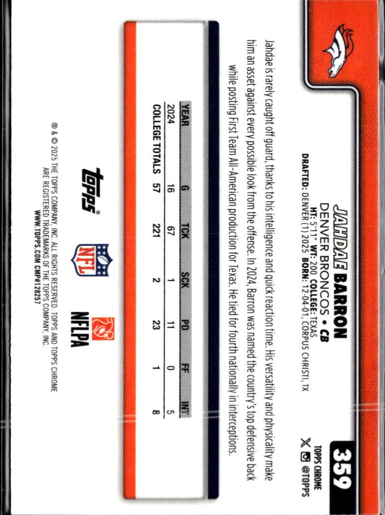 Jahdae Barron 2025 Topps Chrome Sapphire Rookie RC Denver Broncos