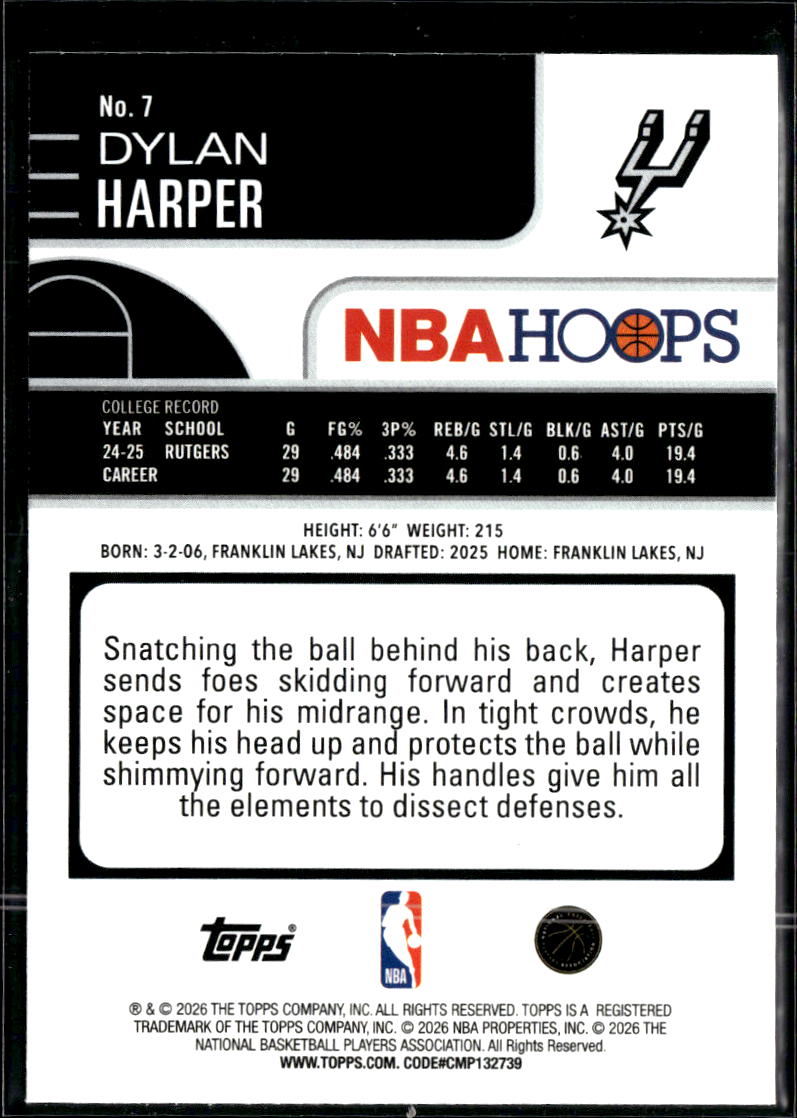 Dylan Harper 2026 Topps NBA Hoops HOLO Rookie RC San Antonio Spurs