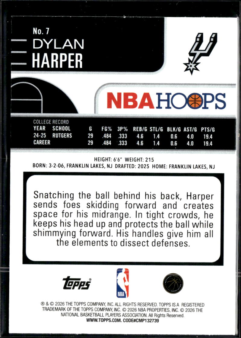 Dylan Harper 2026 Topps NBA Hoops RC Light Burst San Antonio Spurs