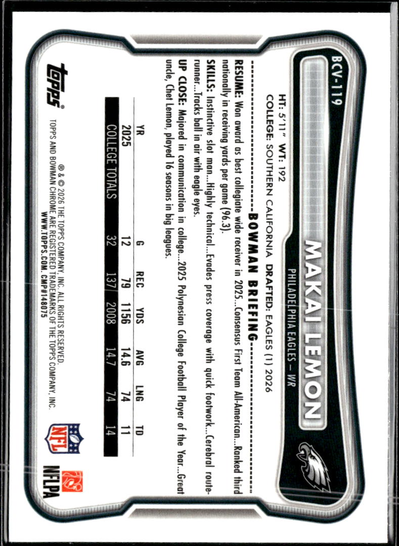 Makai Lemon 2026 Bowman Chrome Speckle Refractor RC Philadelphia Eagles