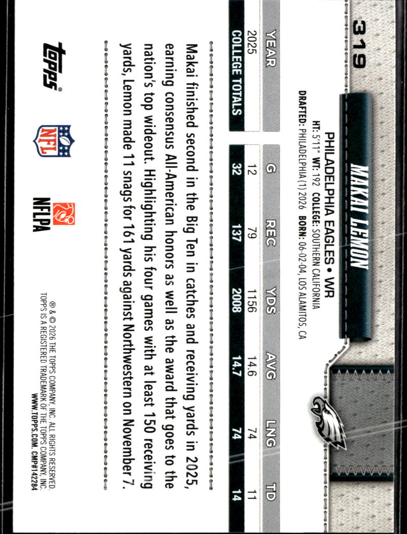Makai Lemon 2026 Topps Silver Foil Rookie RC Philadelphia Eagles