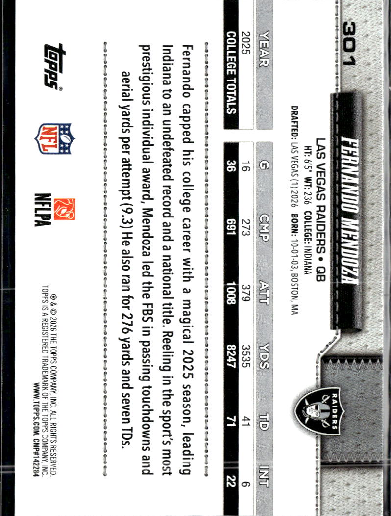 Fernando Mendoza 2026 Topps Rookie RC Las Vegas Raiders