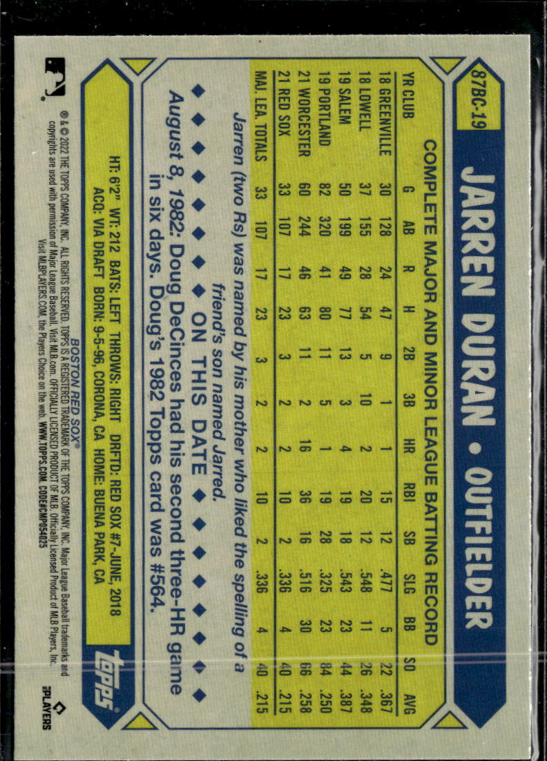 Jarren Duran 2022 Topps Chrome '87 Rookie RC Boston Red Sox