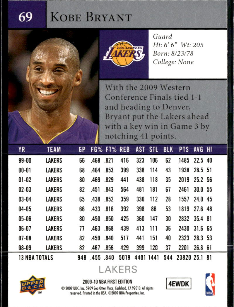 Kobe Bryant 2009-10 Upper Deck First Edition #69 Los Angeles Lakers