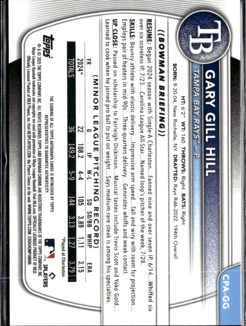 Gary Gill Hill 2025 Bowman Chrome 1st Auto Autograph Green Grass 48/99 Bay Rays