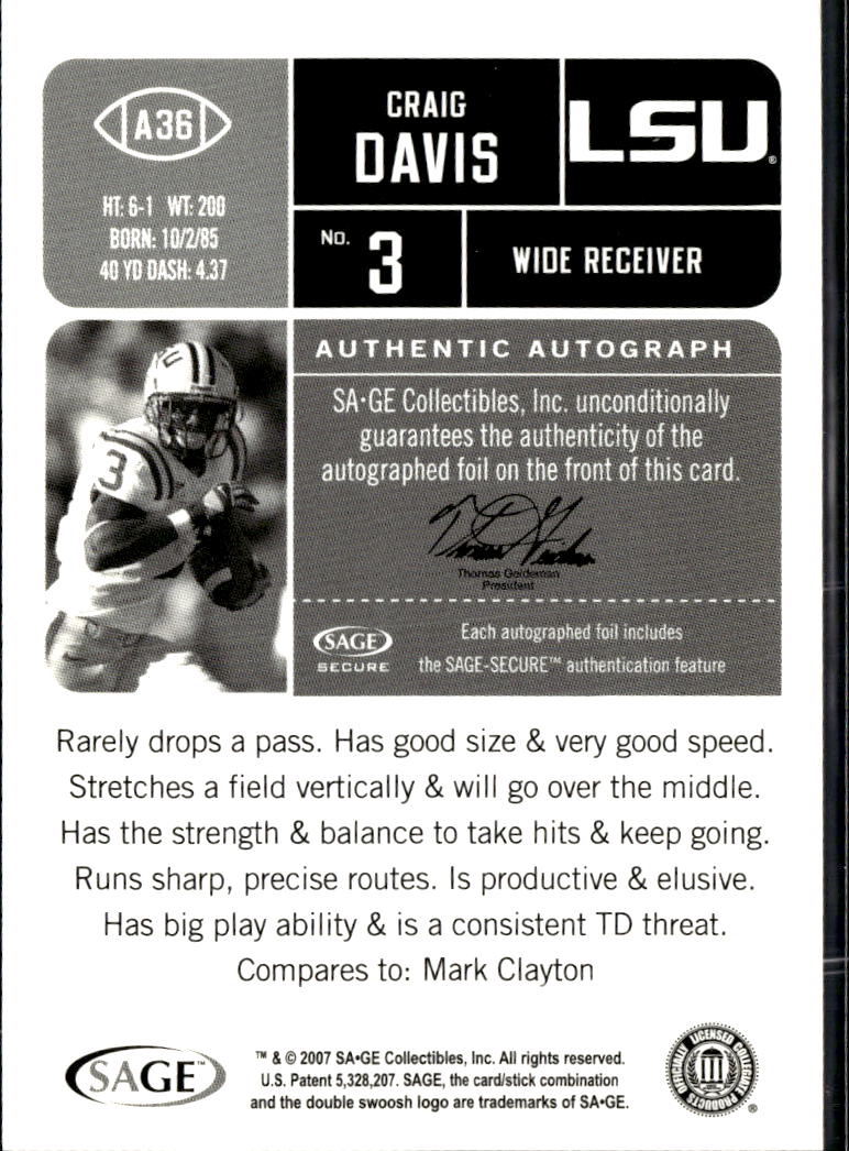 Craig Davis 2007 SAGE HIT Auto Autograph RC LSU Tigers