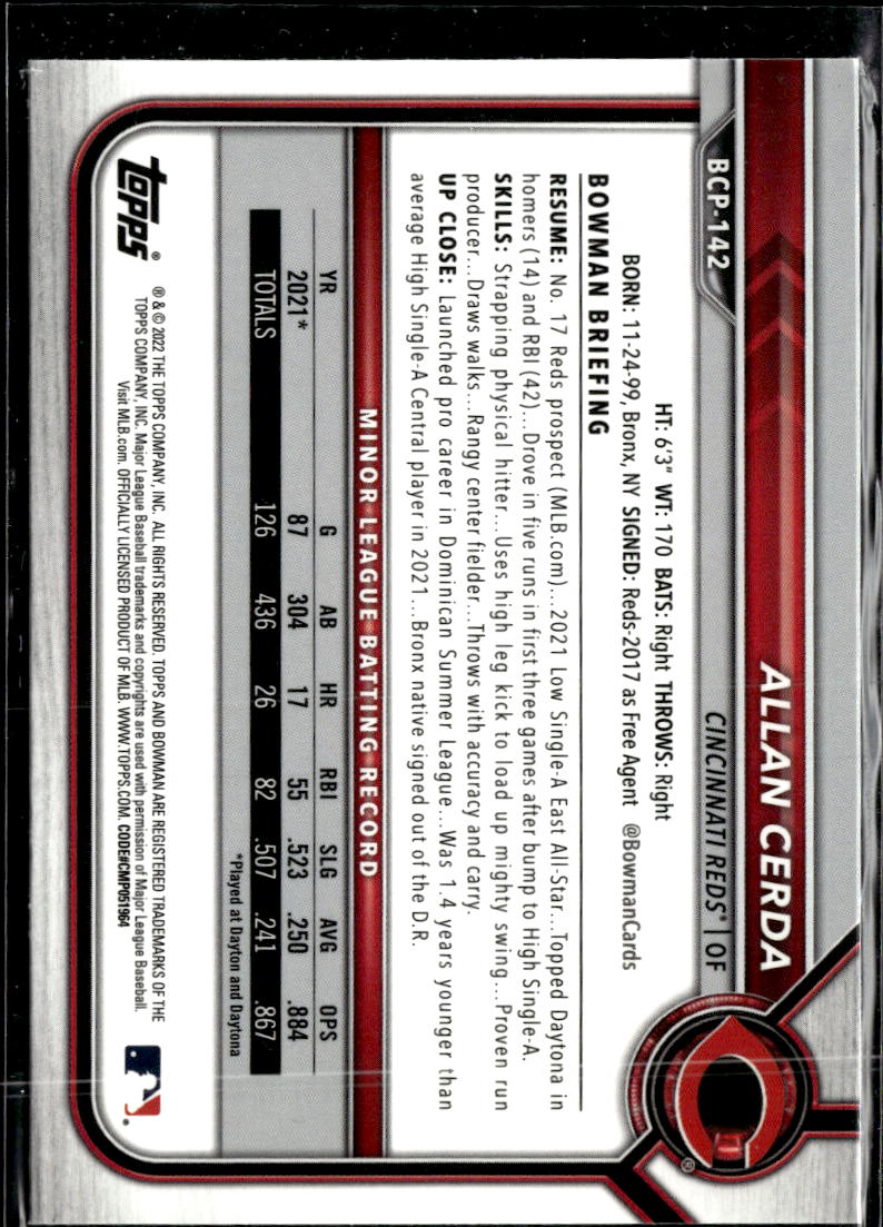Allan Cerda 2022 Bowman Chrome 1st Sapphire Cincinnati Reds