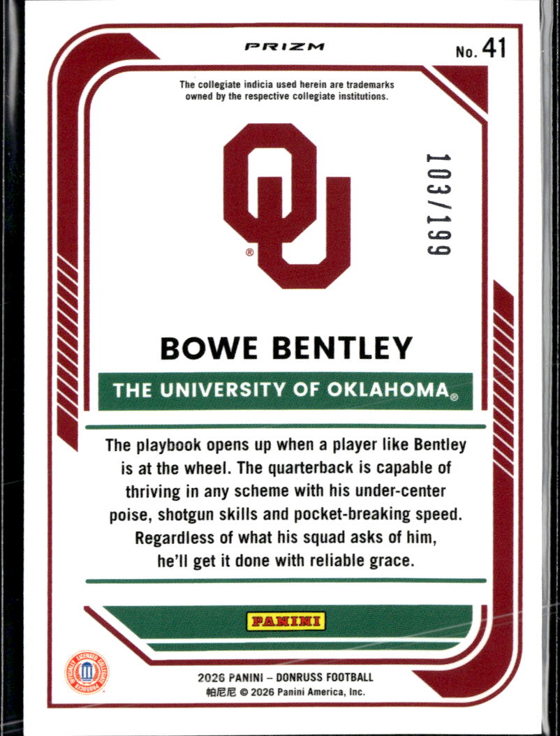 Bowe Bentley 2026 Optic Orange Rated Prospect RC 103/199 Oklahoma Sooners