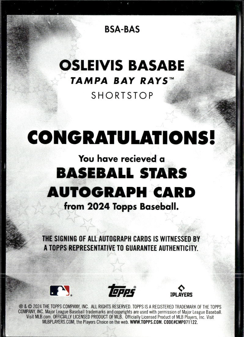 Osleivis Basabe 2024 Topps Stars Auto Autograph RC Tampa Bay Rays