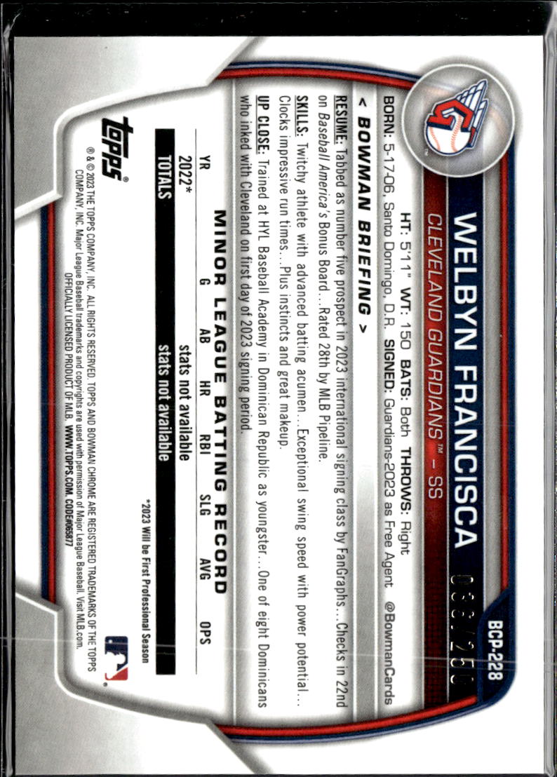 Welbyn Francisca 2023 Bowman Chrome 1st Purple Shimmer /250 Cleveland Guardians
