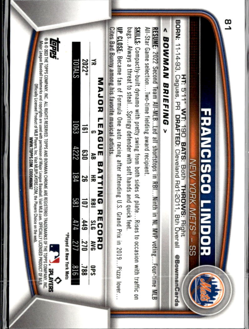 Francisco Lindor 2023 Bowman Chrome Aqua /225 New York Mets