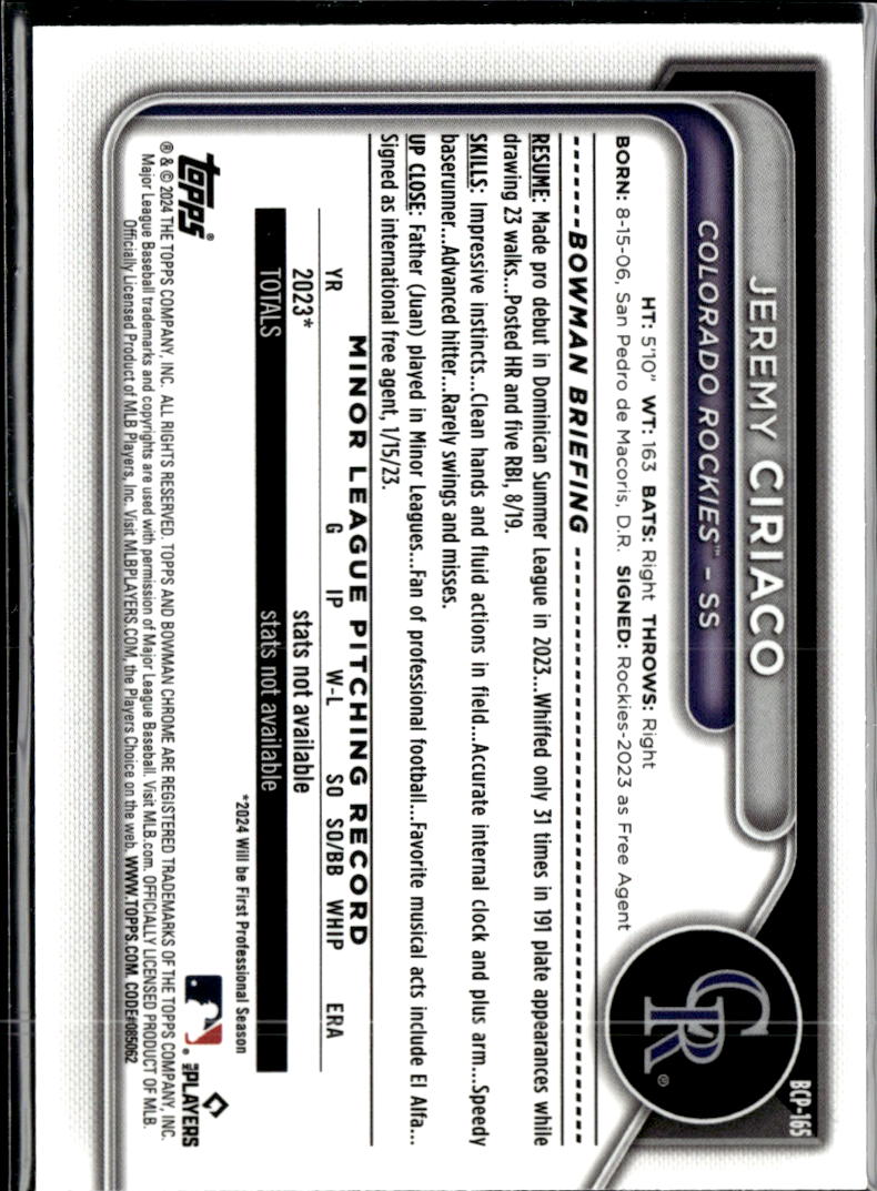 Jeremy Ciriaco 2024 Bowman Chrome 1st Purple /250 Colorado Rockies