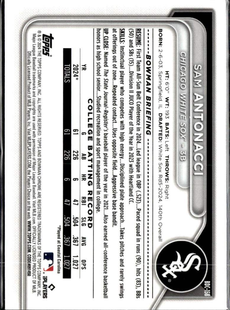 Sam Antonacci 2024 Bowman Chrome 1st Aqua Wave /125 Chicago White Sox